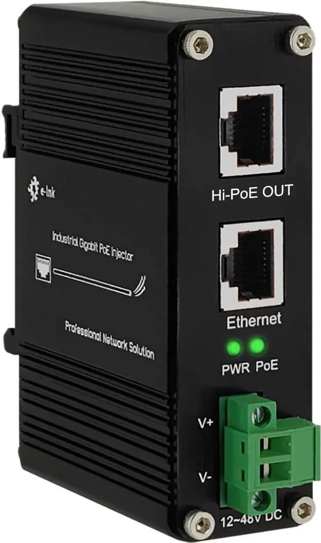 Main image of Gigabit Hi-PoE Injector - Industrial Gigabit PoE+ Injector IEEE802.3af/at 60W Hardened POE Adapter with 12-48V DC Input DIN- Rail, Wall Mount, Aluminum Alloy Metal Housing