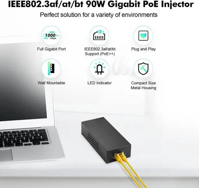 Alt view image 2 of 7 - YuLinca Gigabit PoE+ Injector 90W, 802.3af/at/bt Power Over Ethernet Metal PoE Adapter, 10/100/1000Mbps, Non-PoE to PoE Adapter, Plug & Play, Distance Up to 100 Meters (328 ft.)