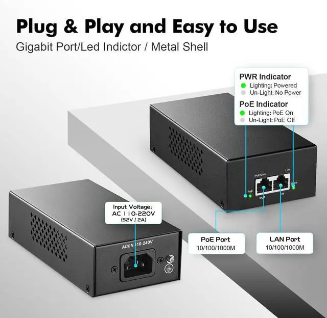 Alt view image 4 of 7 - YuLinca Gigabit PoE+ Injector 90W, 802.3af/at/bt Power Over Ethernet Metal PoE Adapter, 10/100/1000Mbps, Non-PoE to PoE Adapter, Plug & Play, Distance Up to 100 Meters (328 ft.)