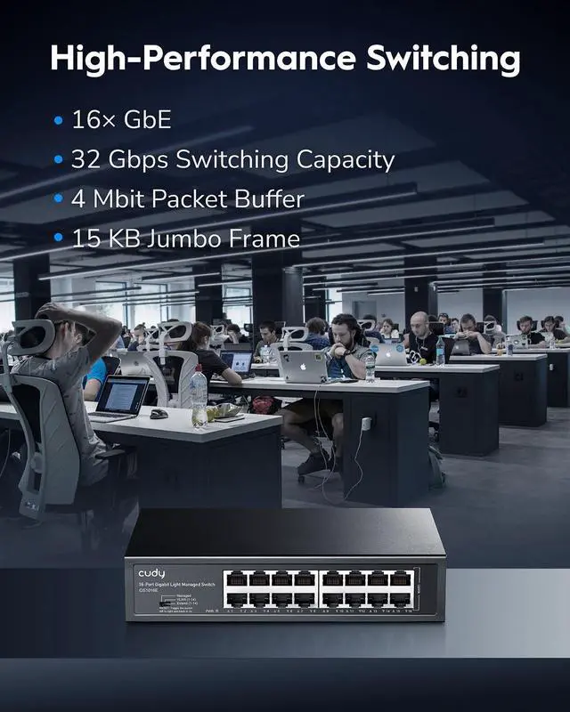 Alt view image 2 of 7 - Cudy GS1016E 16 Port Light Smart Managed Gigabit Switch Plug & Play, Sturdy Metal w/Shielded Ports QoS, VLAN, IGMP LAG, Rack-Mountable Steel Case