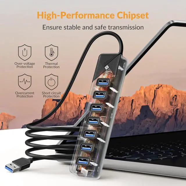 Alt view image 5 of 7 - PG7U 7-Port USB 3.0 Hub with USB-C Power Input Port - 5Gbps Multiport USB Dock Splitter for PC, Desktop, PS4, PS5, Xbox, and More - 3.3ft Long Cable, Black