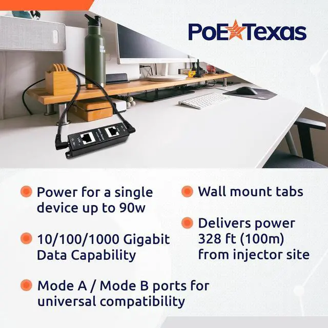 Alt view image 3 of 6 - Poe Texas PoE Injector - Single Port 4 Pair PoE+ Injector/Splitter - Power Over Ethernet Passive PoE Adapter for 802.3af / PoE+ / PoE++ 10/100/1000 Gigabit Data - Mode A/B Wall Mount Plug & Play