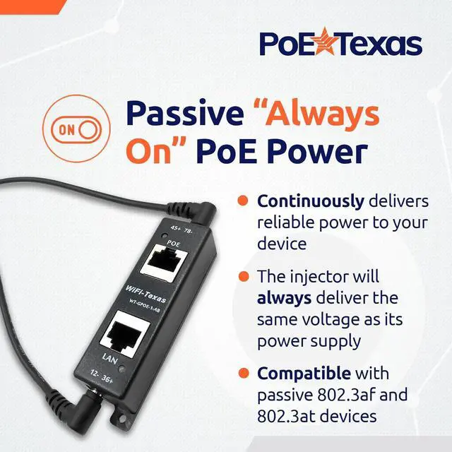 Alt view image 6 of 6 - Poe Texas PoE Injector - Single Port 4 Pair PoE+ Injector/Splitter - Power Over Ethernet Passive PoE Adapter for 802.3af / PoE+ / PoE++ 10/100/1000 Gigabit Data - Mode A/B Wall Mount Plug & Play