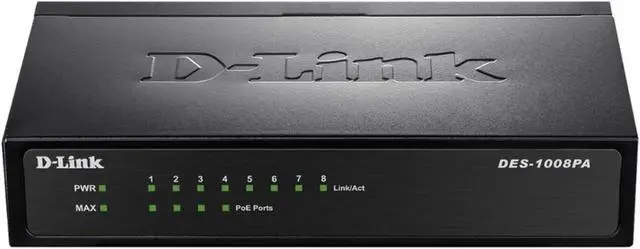 Main image of D-Link Fast Ethernet Switch, 8 Port Unmanaged w/ 4 PoE Ports (802.3AF) Desktop Network Internet 10/100 Plug n Play (DES-1008PA)