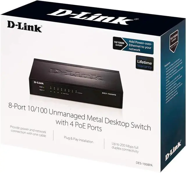 Alt view image 6 of 6 - D-Link Fast Ethernet Switch, 8 Port Unmanaged w/ 4 PoE Ports (802.3AF) Desktop Network Internet 10/100 Plug n Play (DES-1008PA)