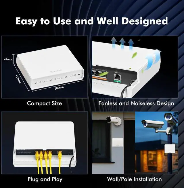 Alt view image 5 of 7 - MokerLink 5 Port Outdoor Gigabit POE Switch, with 4 POE+ Ports 1000Mbps, 78W IEEE802.3af/at, Weatherproof Unmanaged Plug and Play Fanless Switch