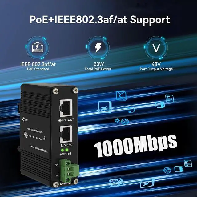 Alt view image 3 of 6 - Gigabit Hi-PoE Injector - Industrial Gigabit PoE+ Injector IEEE802.3af/at 60W Hardened POE Adapter with 12-48V DC Input DIN- Rail, Wall Mount, Aluminum Alloy Metal Housing