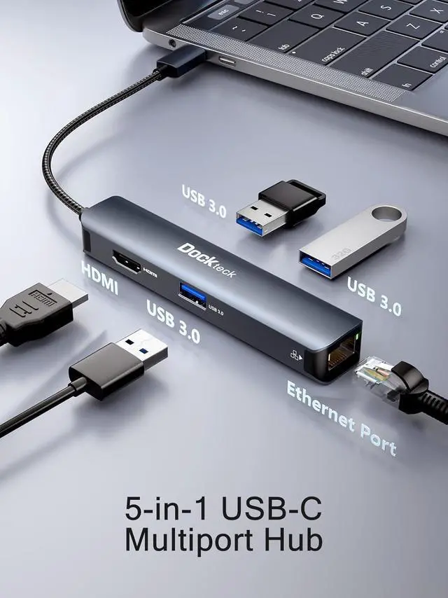 Alt view image 7 of 7 - USB C Hub Ethernet, Dockteck 5-in-1 Multiport Adapter with USB C to 4K HDMI,1Gbps LAN, 3 USB 3.0, for MacBook Air/Pro, iPad Air/Pro, Surface Pro, XPS and More