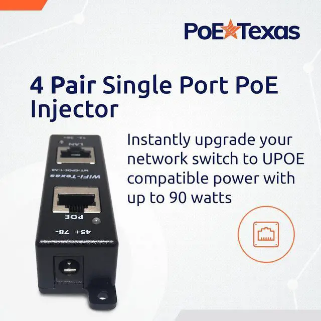 Alt view image 2 of 6 - Poe Texas PoE Injector - Single Port 4 Pair PoE+ Injector/Splitter - Power Over Ethernet Passive PoE Adapter for 802.3af / PoE+ / PoE++ 10/100/1000 Gigabit Data - Mode A/B Wall Mount Plug & Play