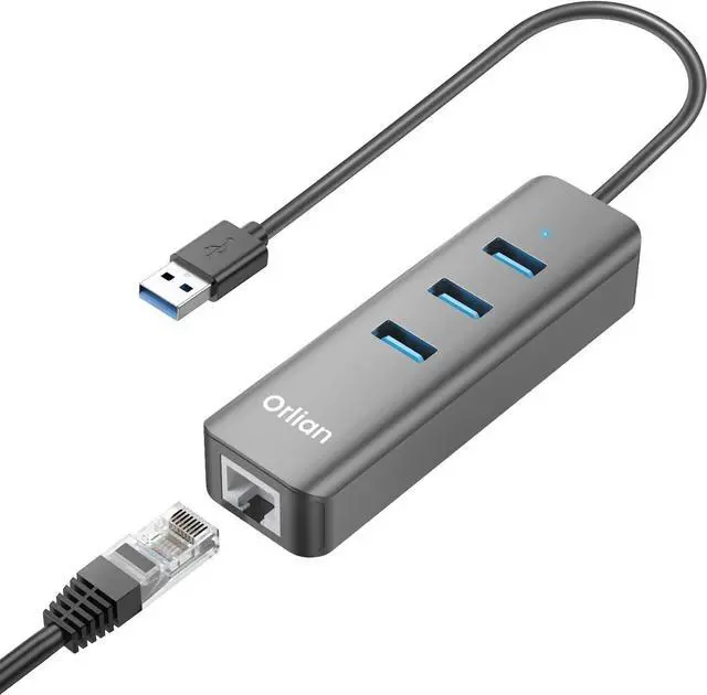 Main image of Orlian USB 3.0 Hub with RJ45 1Gbps Ethernet Port Slim Multiple Ports 4-in-1 USB Splitter for MacBook Air 2017 iMac Acer HP Surface Dell Lenovo Chromebook Windows macOS Linux Laptops, Gray