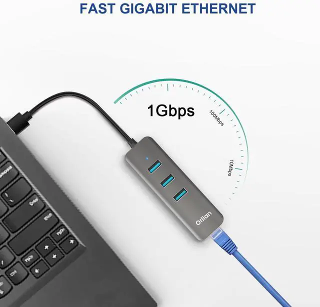 Alt view image 4 of 7 - Orlian USB 3.0 Hub with RJ45 1Gbps Ethernet Port Slim Multiple Ports 4-in-1 USB Splitter for MacBook Air 2017 iMac Acer HP Surface Dell Lenovo Chromebook Windows macOS Linux Laptops, Gray