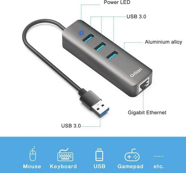 Alt view image 5 of 7 - Orlian USB 3.0 Hub with RJ45 1Gbps Ethernet Port Slim Multiple Ports 4-in-1 USB Splitter for MacBook Air 2017 iMac Acer HP Surface Dell Lenovo Chromebook Windows macOS Linux Laptops, Gray