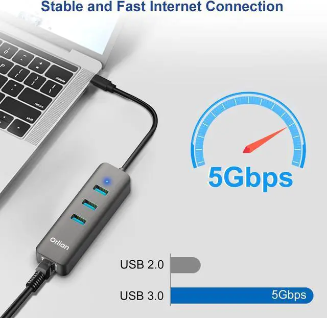 Alt view image 7 of 7 - Orlian USB 3.0 Hub with RJ45 1Gbps Ethernet Port Slim Multiple Ports 4-in-1 USB Splitter for MacBook Air 2017 iMac Acer HP Surface Dell Lenovo Chromebook Windows macOS Linux Laptops, Gray