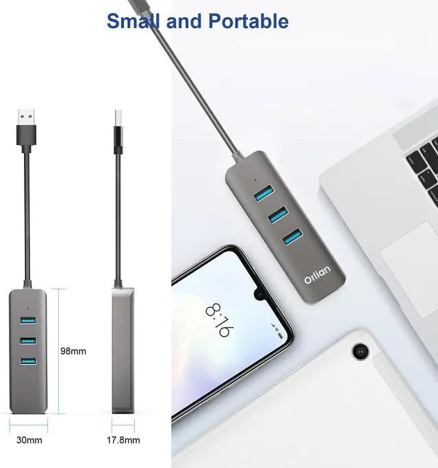 Alt view image 6 of 7 - Orlian USB 3.0 Hub with RJ45 1Gbps Ethernet Port Slim Multiple Ports 4-in-1 USB Splitter for MacBook Air 2017 iMac Acer HP Surface Dell Lenovo Chromebook Windows macOS Linux Laptops, Gray