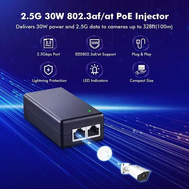 Alt view image 2 of 7 - MokerLink 2.5 Gigabit PoE Injector, 802.3af/at 30W, 2.5G/1G/100M Ethernet, Plug & Play, Non-PoE to PoE Adapter, Distance Up to 100 Meters (328 ft.)