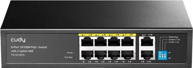 Main image of Cudy 8 Port Fast Ethernet 100Mbps PoE Switch 8 PoE+ Ports @120W, Plug & Play Sturdy Metal w/Shielded Ports Extend Mode Priority Mode FS1010PG