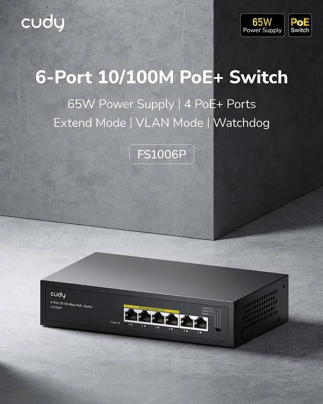 Alt view image 2 of 7 - Cudy FS1006P 6-Port 10/100M PoE Switch 60W, 4 PoE Ports, CCTV Mode (Transmit Distance to 250m at 10Mbps), PD Detection,Fan-Less, Steel Case, Desktop and Wall-Mount, 802.3at / 802.3af