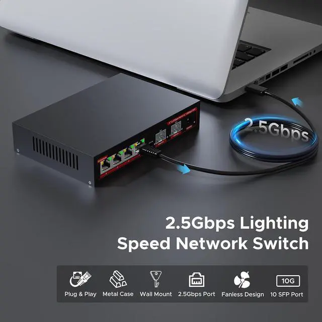 Alt view image 2 of 7 - 6 Port 2.5G Switch ,4×2.5G Ports + 2x10G SFP Ethernet Switch, 60Gbps, Plug & Play, Fanless Metal, VLAN & Lightning Protection for Gaming/NAS/4K/8K Streaming (IEEE 802.3)