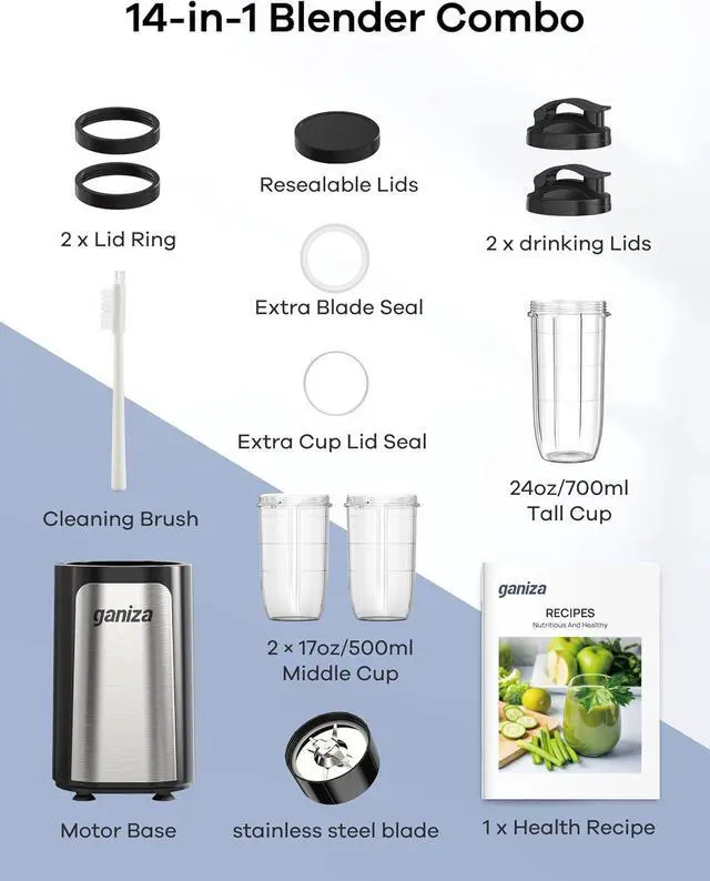 Alt view image 7 of 7 - Ganiza Blender for Smoothies, 14Pcs Personal Blender for Shake and Smoothies for Kitchen with 3 Portable Cups (1x24oz & 2X17oz), Single Serve Smoothie Maker, Nutritious Recipe
