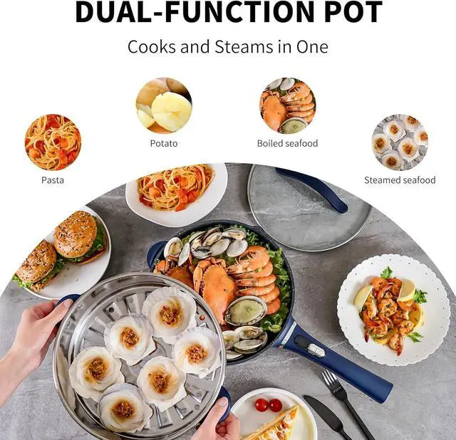Alt view image 3 of 7 - Non-Stick Electric Hot Pot 3-Quart with Steamer & Multi-Cooker | Electric Stir Fry Pan & Wok, 1200W for Sizzling Ramen, Soup, Stir-Fry | Dorm, Home, Gifts (Includes Silicone Spatula)