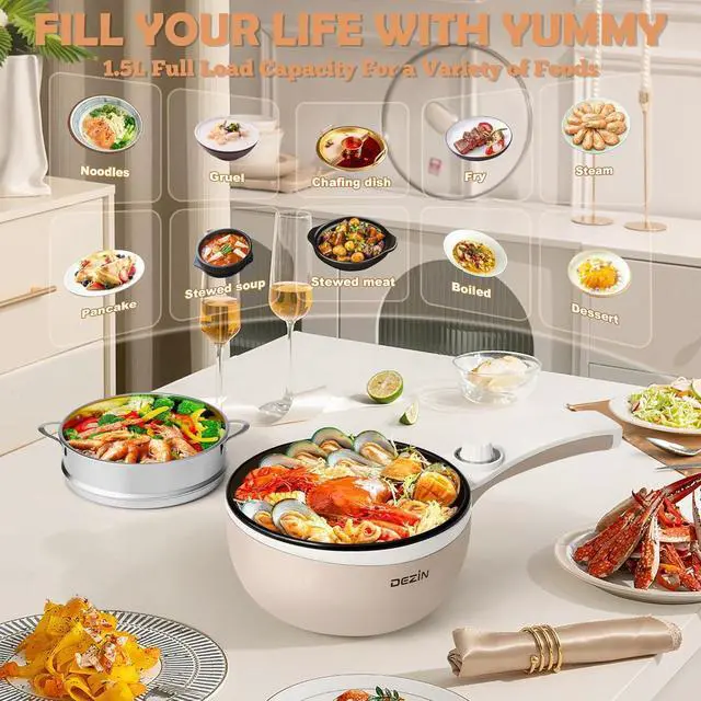 Alt view image 6 of 7 - Dezin Hot Pot Electric with Steamer Upgraded, Non-Stick Sauté Pan, Rapid Noodles Electric Pot, 1.5L Mini Pot for Steak, Egg, Fried Rice, Ramen, Oatmeal, Soup with Power Adjustment