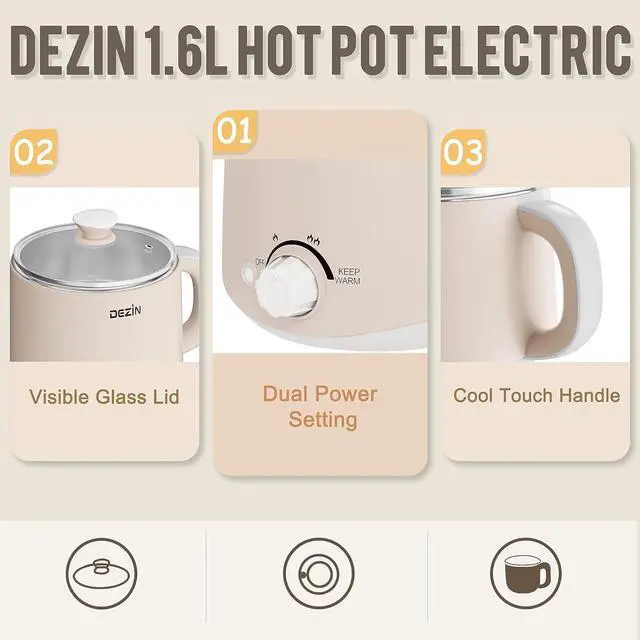 Alt view image 2 of 6 - Dezin Electric Pot, 1.6L Ramen Cooker, Hot Pot Electric Stainless Steel, Multifunctional Cooker for Egg, Pasta, Soup, Porridge, Oatmeal with Temperature Control and Keep Warm Function