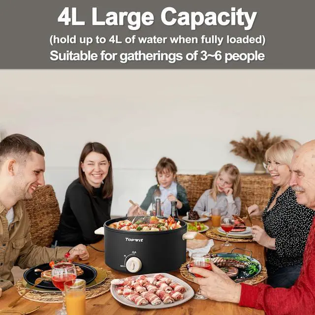 Alt view image 2 of 7 - TOPWIT Hot Pot Electric, 4L Electric Pot with Non-Stick Coating, Dual Power Electric Cooker for Deep Frying, Steak, Pasta, Multi-Functional Large Capaity Shabu Shabu Pot for Party, Dark Black