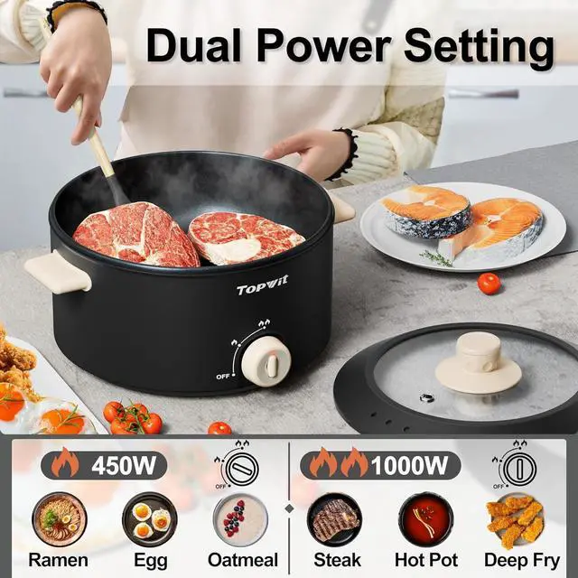 Alt view image 4 of 7 - TOPWIT Hot Pot Electric, 4L Electric Pot with Non-Stick Coating, Dual Power Electric Cooker for Deep Frying, Steak, Pasta, Multi-Functional Large Capaity Shabu Shabu Pot for Party, Dark Black