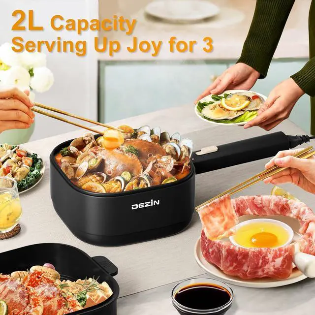 Alt view image 3 of 7 - Dezin 2L Electric Hot Pot with Steamer, Rapid 800W Non-Stick Ceramic Coating Dorm Cooking Pot, Plug in Electric Pan Cooker with Adjustable Power for College Hotel Office(Silicone Spatula Included)