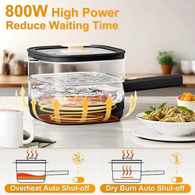 Alt view image 4 of 7 - Dezin 2L Electric Hot Pot with Steamer, Rapid 800W Non-Stick Ceramic Coating Dorm Cooking Pot, Plug in Electric Pan Cooker with Adjustable Power for College Hotel Office(Silicone Spatula Included)