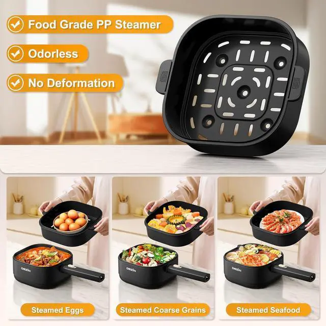 Alt view image 6 of 7 - Dezin 2L Electric Hot Pot with Steamer, Rapid 800W Non-Stick Ceramic Coating Dorm Cooking Pot, Plug in Electric Pan Cooker with Adjustable Power for College Hotel Office(Silicone Spatula Included)