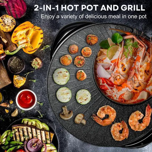 Alt view image 2 of 7 - OVENTE Electric Hot Pot and Grill Combo, 2-in-1 Portable Countertop Cooker with Temperature Control Perfect for Korean BBQ, Shabu Shabu and Soup with Free Strainer, Chopsticks and Tong, Black GH10133B