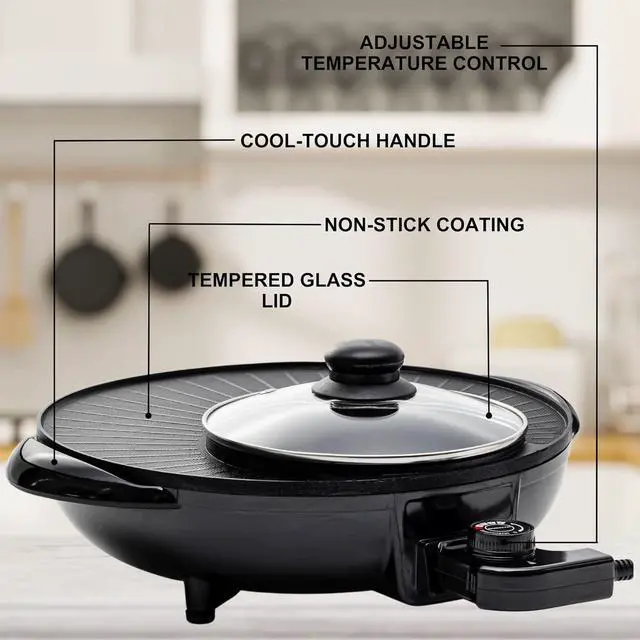 Alt view image 4 of 7 - OVENTE Electric Hot Pot and Grill Combo, 2-in-1 Portable Countertop Cooker with Temperature Control Perfect for Korean BBQ, Shabu Shabu and Soup with Free Strainer, Chopsticks and Tong, Black GH10133B