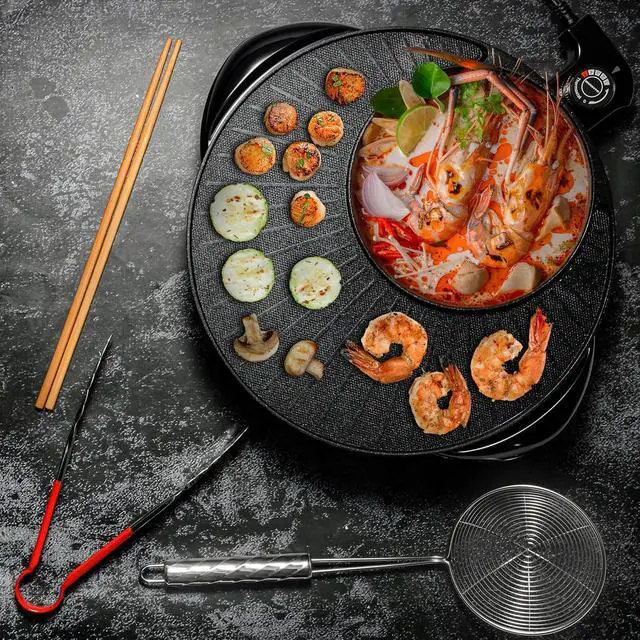 Alt view image 7 of 7 - OVENTE Electric Hot Pot and Grill Combo, 2-in-1 Portable Countertop Cooker with Temperature Control Perfect for Korean BBQ, Shabu Shabu and Soup with Free Strainer, Chopsticks and Tong, Black GH10133B