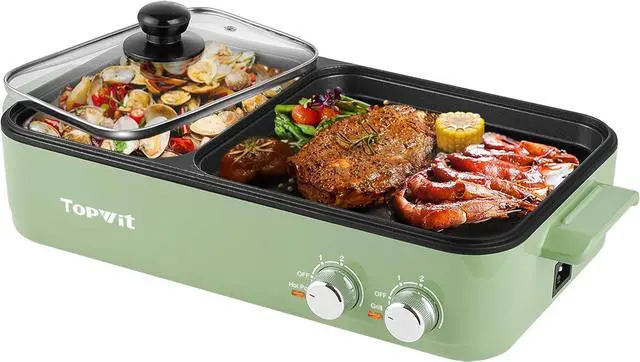 Main image of Topwit Hot Pot Electric with Grill, 2 in 1 Indoor Non-Stick Electric Pot and Griddle for Korean BBQ, Steaks, Shabu Shabu and Noodles, Independent Dual Temperature Control, Fast Heating, Green