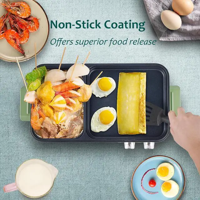 Alt view image 2 of 7 - Topwit Hot Pot Electric with Grill, 2 in 1 Indoor Non-Stick Electric Pot and Griddle for Korean BBQ, Steaks, Shabu Shabu and Noodles, Independent Dual Temperature Control, Fast Heating, Green