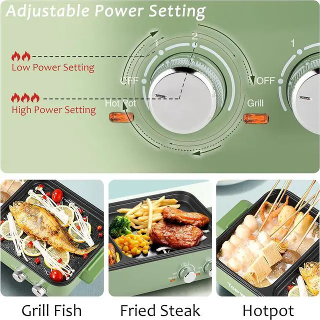 Alt view image 3 of 7 - Topwit Hot Pot Electric with Grill, 2 in 1 Indoor Non-Stick Electric Pot and Griddle for Korean BBQ, Steaks, Shabu Shabu and Noodles, Independent Dual Temperature Control, Fast Heating, Green