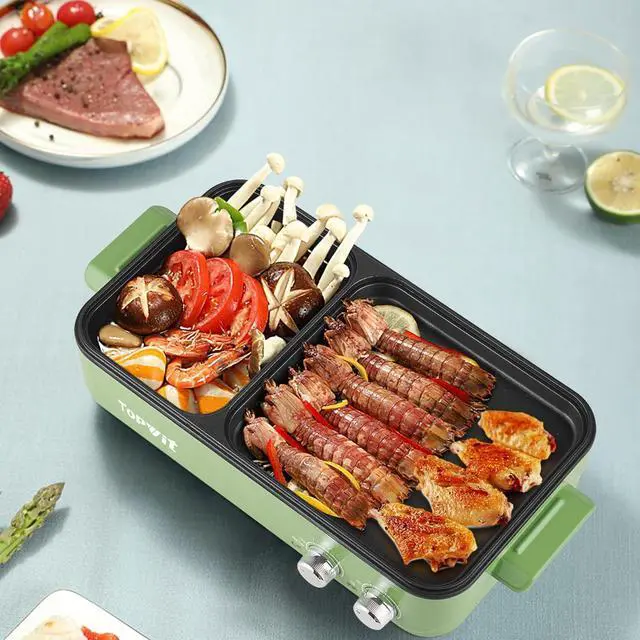 Alt view image 5 of 7 - Topwit Hot Pot Electric with Grill, 2 in 1 Indoor Non-Stick Electric Pot and Griddle for Korean BBQ, Steaks, Shabu Shabu and Noodles, Independent Dual Temperature Control, Fast Heating, Green