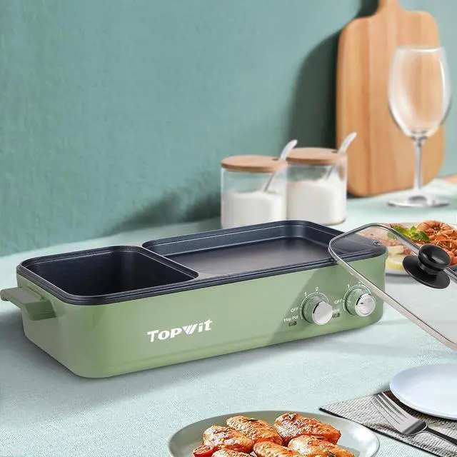 Alt view image 6 of 7 - Topwit Hot Pot Electric with Grill, 2 in 1 Indoor Non-Stick Electric Pot and Griddle for Korean BBQ, Steaks, Shabu Shabu and Noodles, Independent Dual Temperature Control, Fast Heating, Green