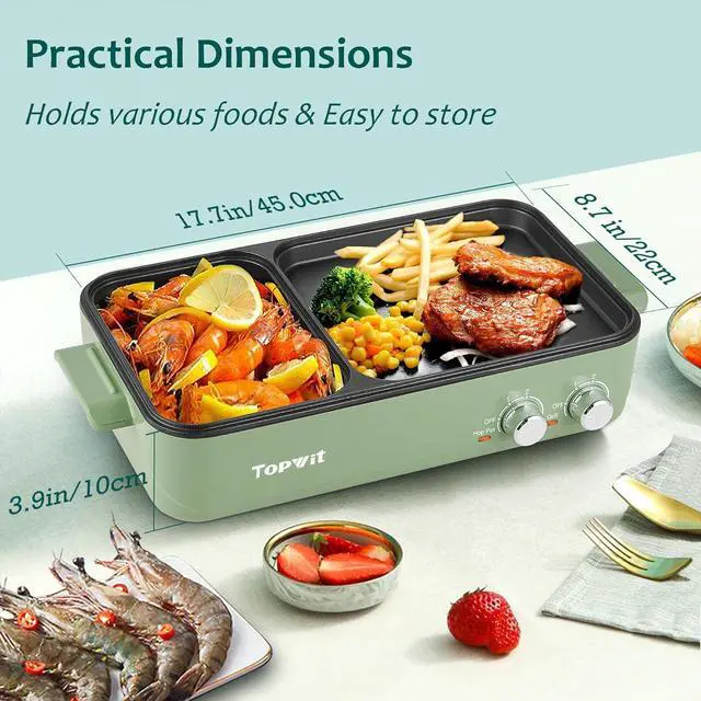 Alt view image 7 of 7 - Topwit Hot Pot Electric with Grill, 2 in 1 Indoor Non-Stick Electric Pot and Griddle for Korean BBQ, Steaks, Shabu Shabu and Noodles, Independent Dual Temperature Control, Fast Heating, Green