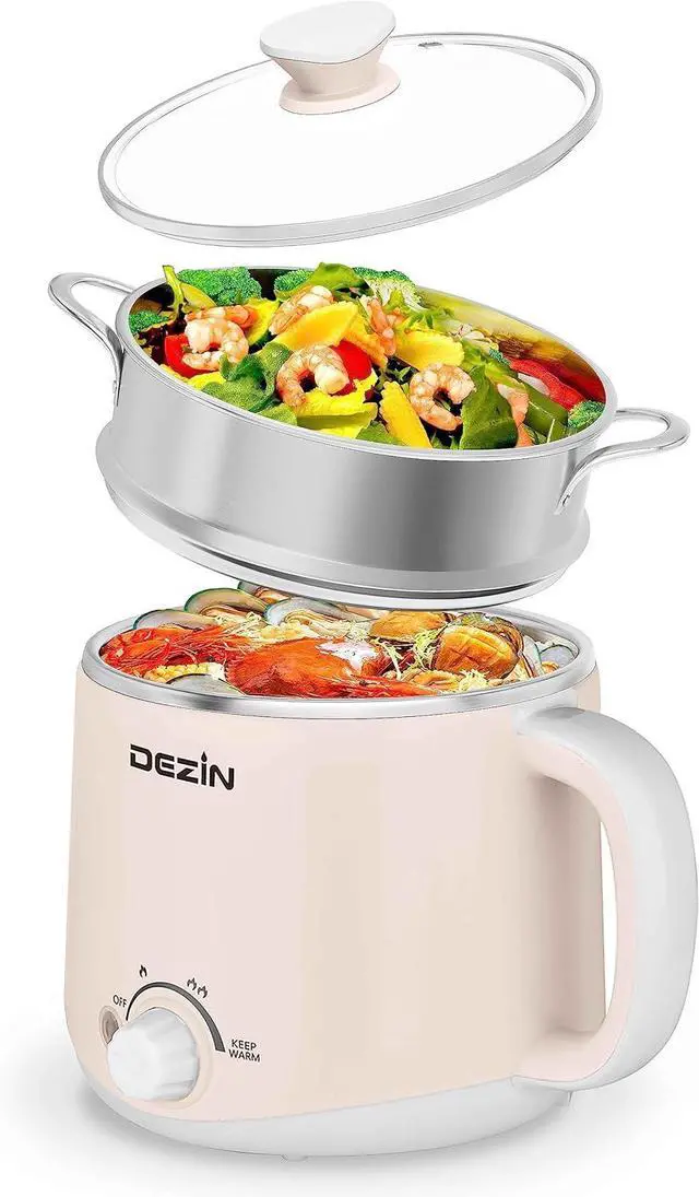 Main image of Dezin Hot Pot Electric with Steamer, Rapid Noodles Cooker, Stainless Steel Electric Pot 1.6 Liter, Perfect for Ramen, Egg, Dumpling, Soup, Oatmeal with Temperature Control and Keep Warm Function