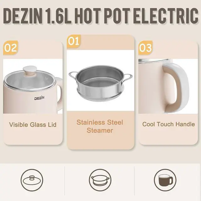Alt view image 2 of 6 - Dezin Hot Pot Electric with Steamer, Rapid Noodles Cooker, Stainless Steel Electric Pot 1.6 Liter, Perfect for Ramen, Egg, Dumpling, Soup, Oatmeal with Temperature Control and Keep Warm Function