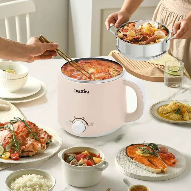 Alt view image 4 of 6 - Dezin Hot Pot Electric with Steamer, Rapid Noodles Cooker, Stainless Steel Electric Pot 1.6 Liter, Perfect for Ramen, Egg, Dumpling, Soup, Oatmeal with Temperature Control and Keep Warm Function