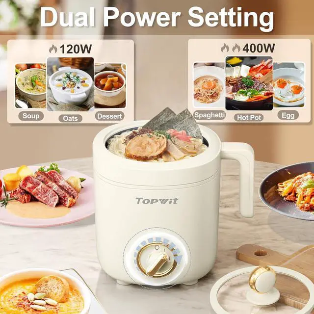 Alt view image 4 of 7 - TOPWIT Hot Pot Electric Pot for Cooking, Ramen Cooker 1.2L, Non-Stick Portable Noodles Cooker for Pasta, Soup, Steak, Oatmeal, College Dorm Room Essentials, Shabu Shabu Pot with Power Adjustment,Beige