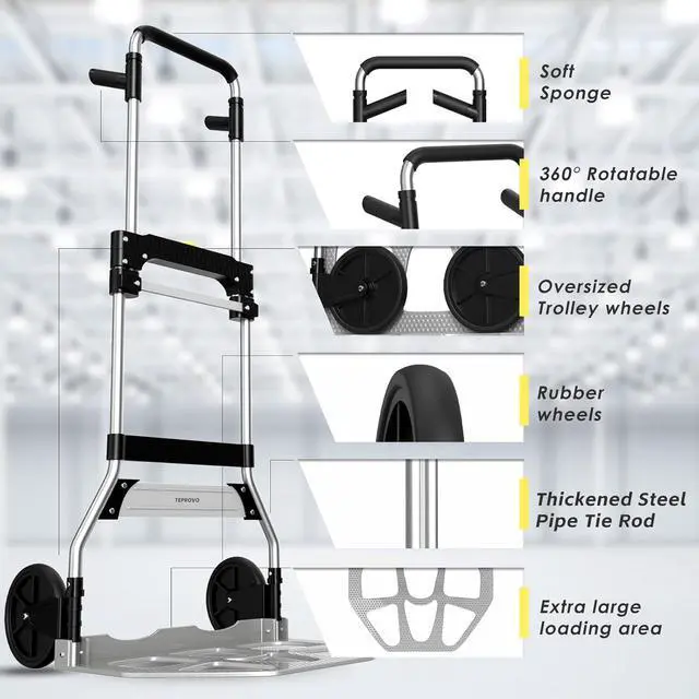 Alt view image 5 of 7 - Folding Hand Truck Dolly Cart,340LB Capacity Portable Aluminum Dolly Cart with Telescoping Handle and 7 Inch Rubber Wheels for Moving,Shopping,Travel,Office Use