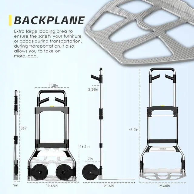 Alt view image 3 of 7 - Folding Hand Truck Dolly Cart,340LB Capacity Portable Aluminum Dolly Cart with Telescoping Handle and 7 Inch Rubber Wheels for Moving,Shopping,Travel,Office Use