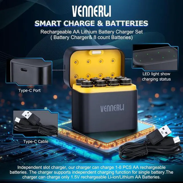 Alt view image 2 of 7 - VENNERLI AA Rechargeable Lithium Batteries 1.5V 8-Pack Set 3600mWh High-Capacity 1000+ Cycles of Use Ultra-Long Lasting Time 3h Fast Charge with LED Charge Indicator Magnetic (Black 8-Pack&Charger)