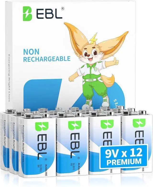 Main image of EBL 9 Volt Batteries 12 Pack, 7-Year Shelf Life, Long-Lasting Alkaline 9V Batteries for Household Business