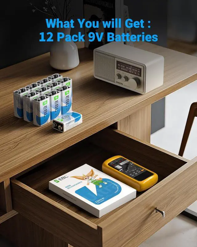 Alt view image 6 of 7 - EBL 9 Volt Batteries 12 Pack, 7-Year Shelf Life, Long-Lasting Alkaline 9V Batteries for Household Business