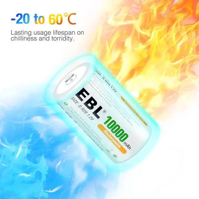 Alt view image 6 of 6 - EBL Rechargeable D Batteries, 10000mAh Ni-MH High Capacity D Cell Battery New Retail Package, Pack of 4